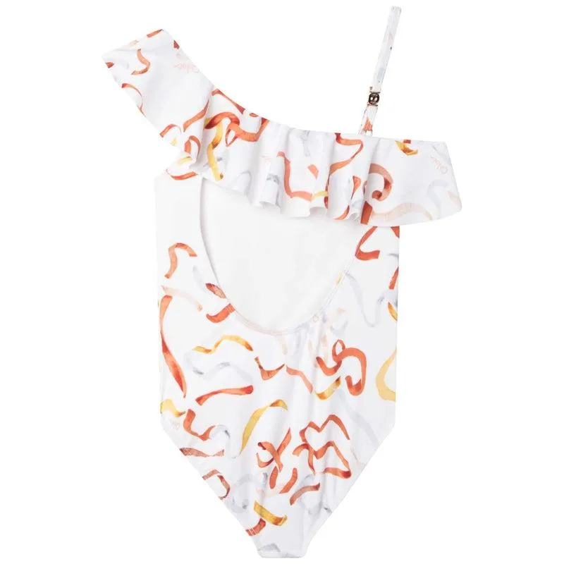 Girls Ivory Ribbon Print Swimsuit