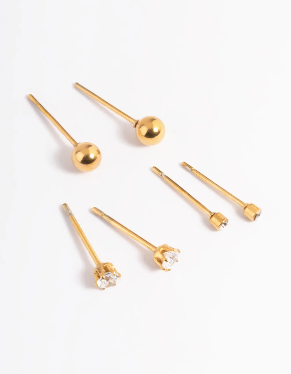Waterproof Gold Plated Stainless Steel Cubic Zirconia Plain Stud Earrings Pack