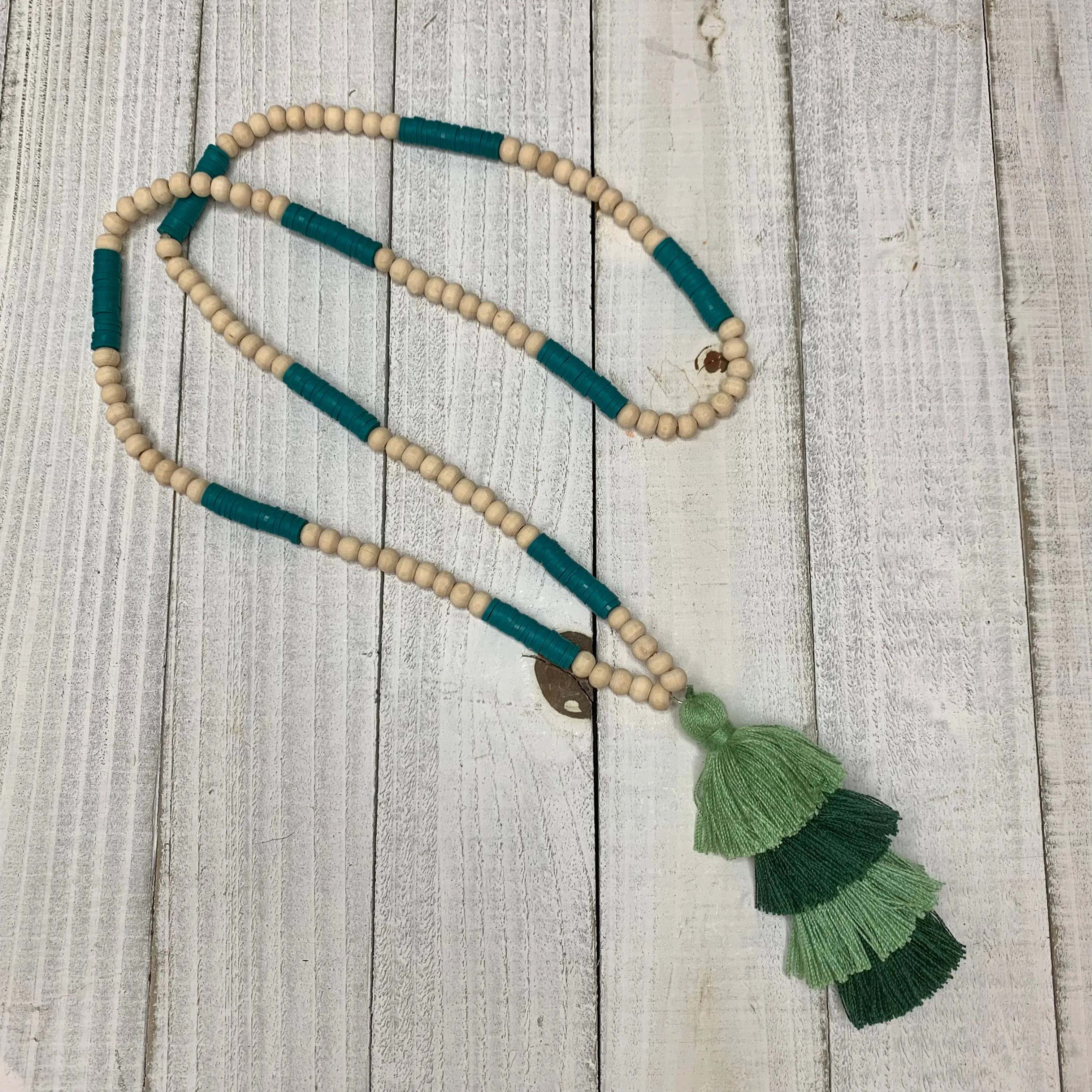 Wooden Round Beads, Colorful Doughnut Beads Necklace with a Cotton Tassel | Erika Williner Designs